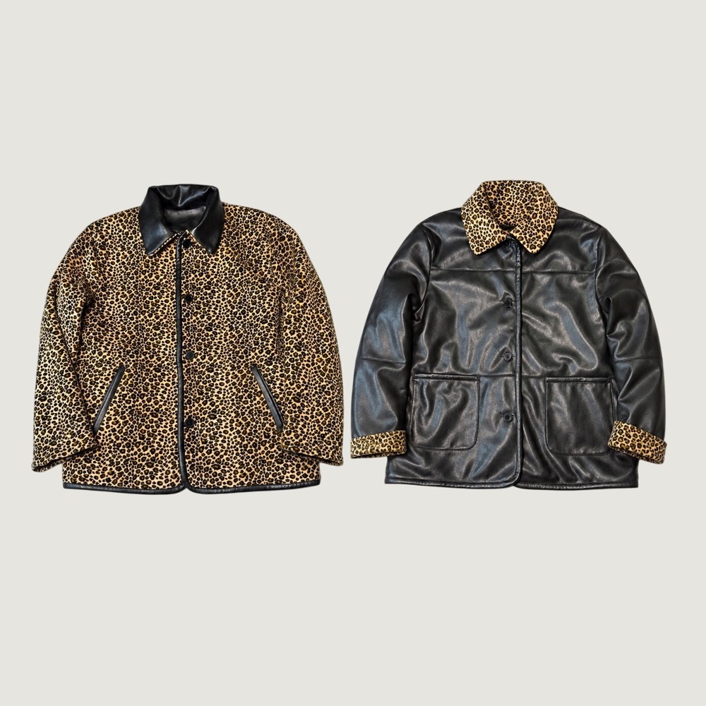Mulberry Street Reversible Jacket L Black Faux Leather Leopard Print Faux Fur